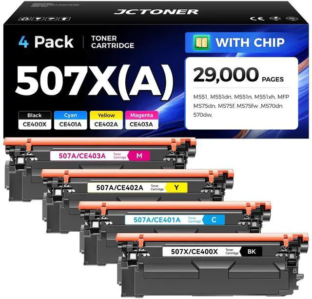 Main image of 507X 507A Toner Cartridge Set 4-Pack High Yield Replacement for HP 507X 507A CE400X CE401A CE402A CE403A Compatible with HP Color LaserJet Enterprise 500 Color M551 M551dn M570dn M570dw M575fw Printer