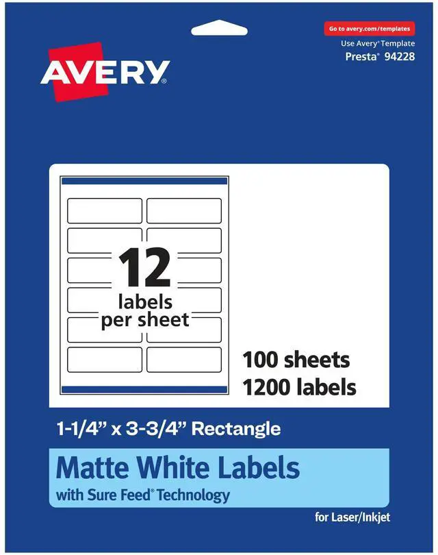 Main image of ® Matte White Rectangle Labels, Sure Feed® Technology, 1.25" x 3.75", 1,200 Matte White Printable Labels