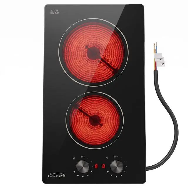 Main image of 12 inch Electric Ceramic Cooktop, 2 Rings Radiant Stove Countertop Burners with Knob Control, Black Glass Hot Plate for Cooking, No Plug Hardwire 220-240V 3KW