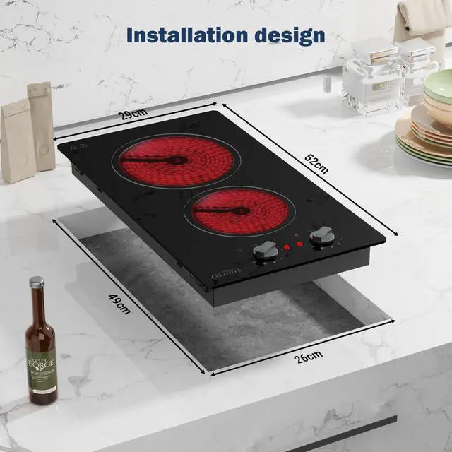 Alt view image 3 of 7 - 12 inch Electric Ceramic Cooktop, 2 Rings Radiant Stove Countertop Burners with Knob Control, Black Glass Hot Plate for Cooking, No Plug Hardwire 220-240V 3KW