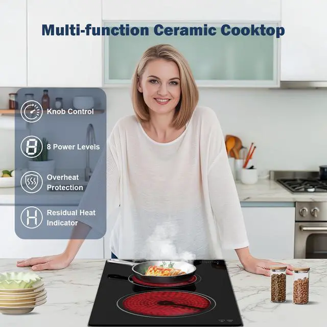 Alt view image 2 of 7 - 12 inch Electric Ceramic Cooktop, 2 Rings Radiant Stove Countertop Burners with Knob Control, Black Glass Hot Plate for Cooking, No Plug Hardwire 220-240V 3KW