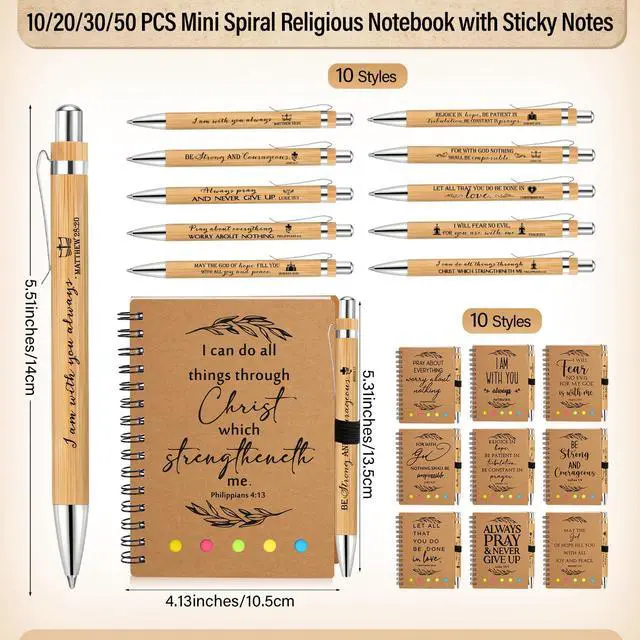 Alt view image 2 of 7 - 50 Set Christian Gifts Bulk Church Gifts Religious Notebook Spiral Bible Verse Bamboo Pens Mini Bible Study Journal for Sunday School Employee Coworker Men Women (Brown)