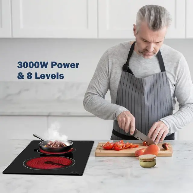 Alt view image 4 of 7 - 12 inch Electric Ceramic Cooktop, 2 Rings Radiant Stove Countertop Burners with Knob Control, Black Glass Hot Plate for Cooking, No Plug Hardwire 220-240V 3KW