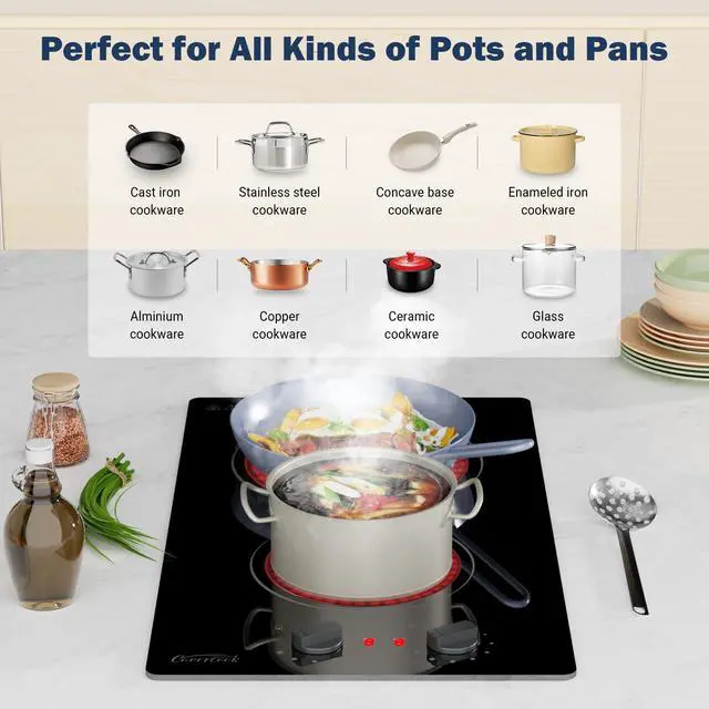 Alt view image 6 of 7 - 12 inch Electric Ceramic Cooktop, 2 Rings Radiant Stove Countertop Burners with Knob Control, Black Glass Hot Plate for Cooking, No Plug Hardwire 220-240V 3KW