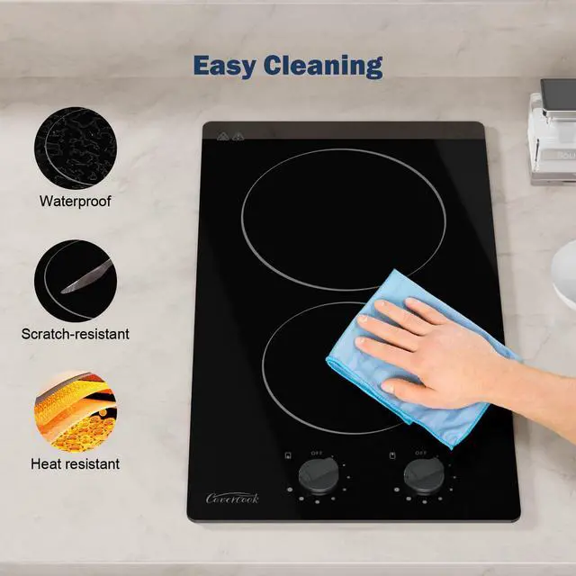 Alt view image 5 of 7 - 12 inch Electric Ceramic Cooktop, 2 Rings Radiant Stove Countertop Burners with Knob Control, Black Glass Hot Plate for Cooking, No Plug Hardwire 220-240V 3KW