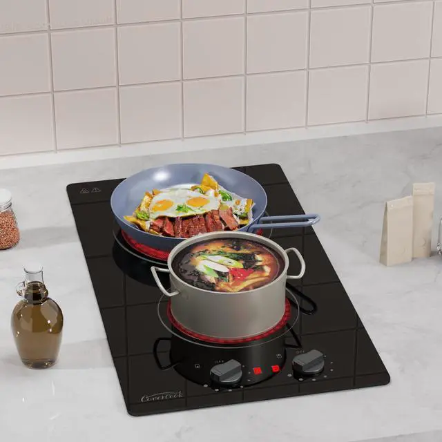 Alt view image 7 of 7 - 12 inch Electric Ceramic Cooktop, 2 Rings Radiant Stove Countertop Burners with Knob Control, Black Glass Hot Plate for Cooking, No Plug Hardwire 220-240V 3KW