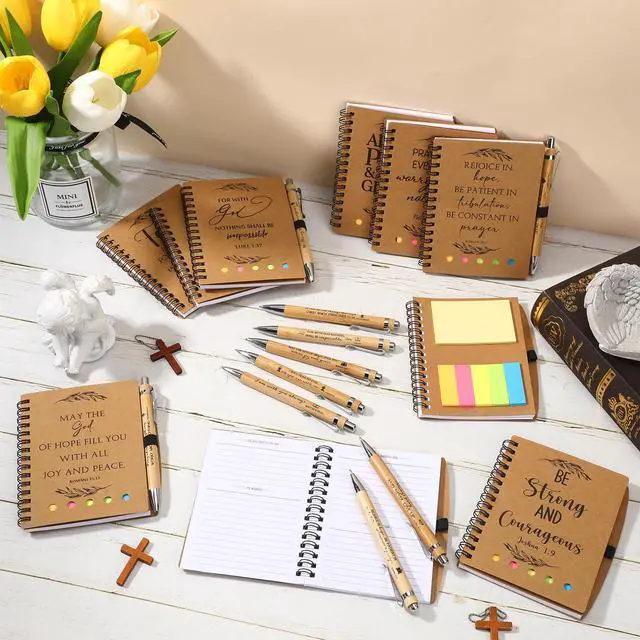 Alt view image 5 of 7 - 50 Set Christian Gifts Bulk Church Gifts Religious Notebook Spiral Bible Verse Bamboo Pens Mini Bible Study Journal for Sunday School Employee Coworker Men Women (Brown)