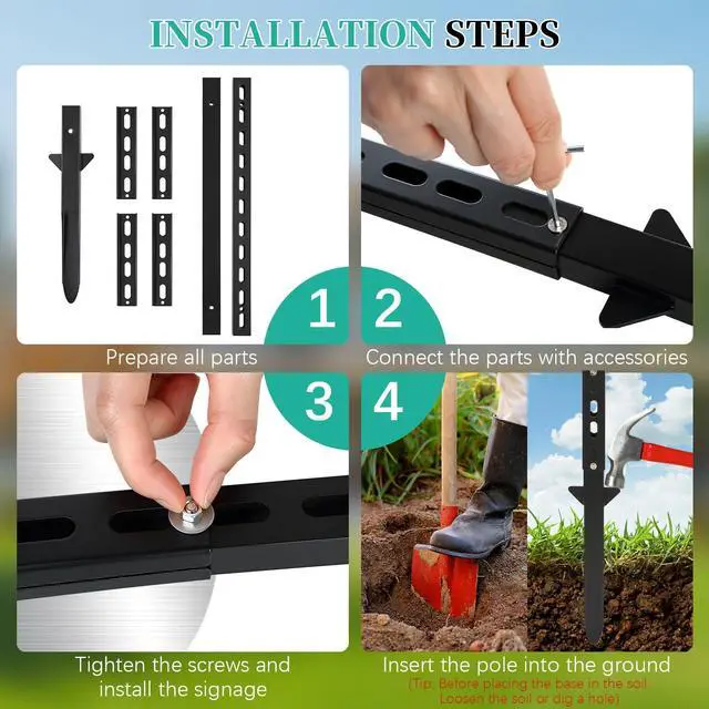 Alt view image 6 of 7 - 2 Pack Yard Sign Stake, 4.3Ft Heavy Duty Height Adjustable Metal Sign Post for Lawn, Garden, Roadside & Parking Lot, Rustproof Wind-Resistant Ground Stake with Pre-Drilled Holes (Black)