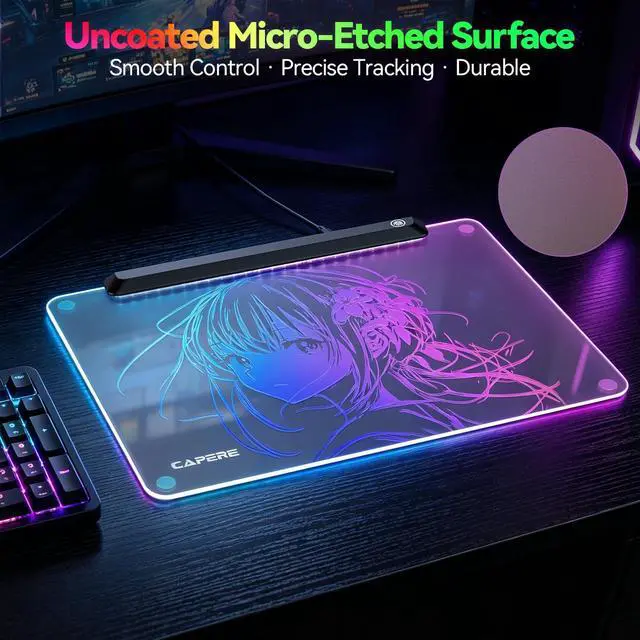 Alt view image 2 of 7 - Tempered Glass Gaming RGB Mouse Pad,13 Lighting Modes,USB Hub 4 Ports,Micro-Etched Surface for Top Speed and Control, Hard Mousepad for FPS & Esports Gaming(15.3" x 11.3")