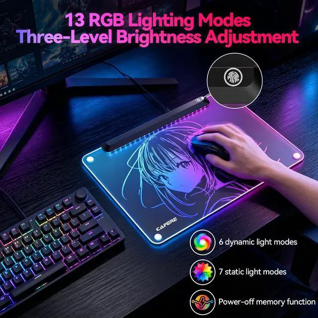 Alt view image 4 of 7 - Tempered Glass Gaming RGB Mouse Pad,13 Lighting Modes,USB Hub 4 Ports,Micro-Etched Surface for Top Speed and Control, Hard Mousepad for FPS & Esports Gaming(15.3" x 11.3")
