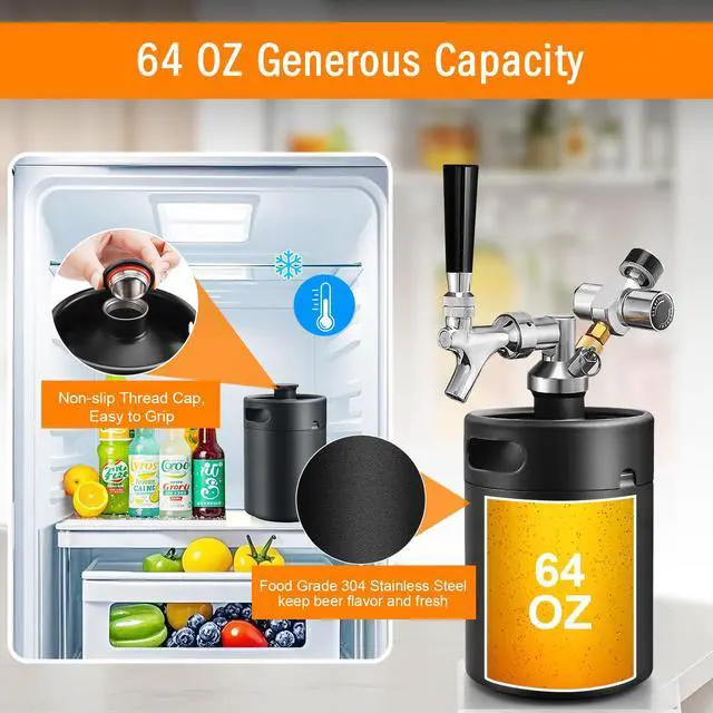 Alt view image 2 of 7 - Mini Keg Growler Tap System, 64OZ Pressurized Stainless Steel Beer Keg | Durable Beer Dispenser System, with CO2 Regulator &Self-Closing Faucet, Portable, Keep Fresh, for Homebrew Draft Beer