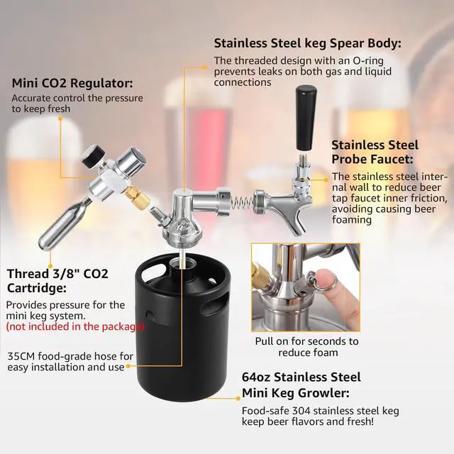 Alt view image 4 of 7 - Mini Keg Growler Tap System, 64OZ Pressurized Stainless Steel Beer Keg | Durable Beer Dispenser System, with CO2 Regulator &Self-Closing Faucet, Portable, Keep Fresh, for Homebrew Draft Beer