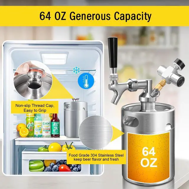 Alt view image 2 of 7 - 64oz Mini Keg Tap System, Pressurized Stainless Steel Growler Dispenser | Portable Beer Serving System, Equipped with CO2 Regulator& Self-Closing Faucet, Reliable Container to Retain Beer Freshness