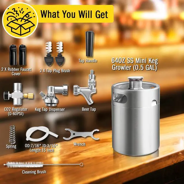 Alt view image 3 of 7 - 64oz Mini Keg Tap System, Pressurized Stainless Steel Growler Dispenser | Portable Beer Serving System, Equipped with CO2 Regulator& Self-Closing Faucet, Reliable Container to Retain Beer Freshness