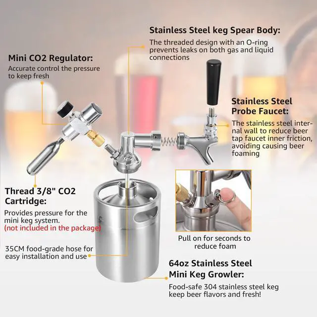 Alt view image 4 of 7 - 64oz Mini Keg Tap System, Pressurized Stainless Steel Growler Dispenser | Portable Beer Serving System, Equipped with CO2 Regulator& Self-Closing Faucet, Reliable Container to Retain Beer Freshness