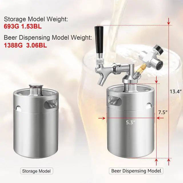Alt view image 5 of 7 - 64oz Mini Keg Tap System, Pressurized Stainless Steel Growler Dispenser | Portable Beer Serving System, Equipped with CO2 Regulator& Self-Closing Faucet, Reliable Container to Retain Beer Freshness