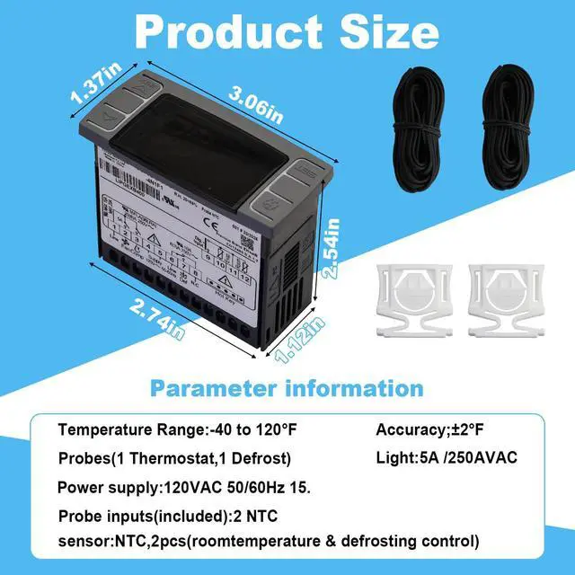 Alt view image 3 of 7 - W0302184 Digital Freezer Controller Compatible with Atosa Refrigerator | MBF8001 MBF8002 MBF8003 MBF8501 MBF8503 MBF8503GR MBF8504 MCF8701 Temperature Sensor Probes & Clasp, Replaces XR06CX-4N1F1