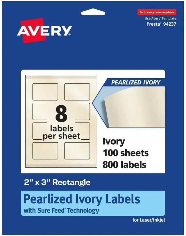 Main image of ® Pearlized Ivory Rectangle Labels, Sure Feed® Technology, Print-to-The-Edge, 2" x 3", 800 Pearlized Ivory Labels, Laser/Inkjet Printable