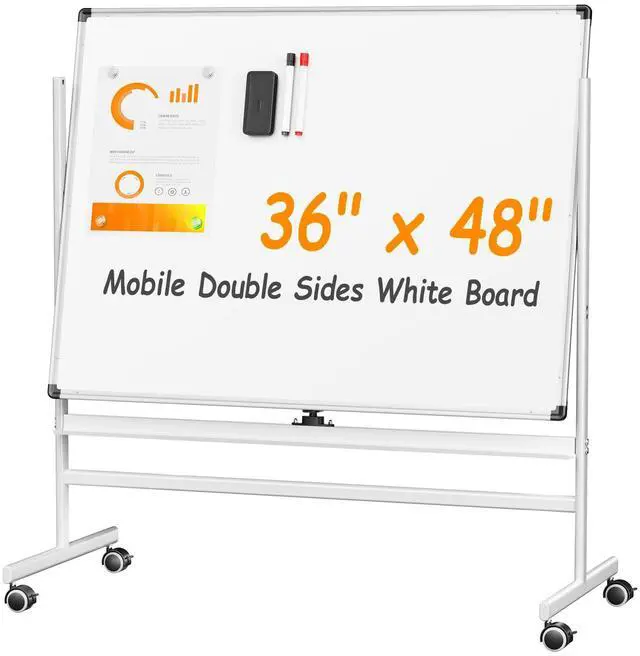 Main image of Rolling Dry Erase Board, 48 x 36 Inches Double Side White Board Dry Erase on Wheels, Large Aluminum Frame Magnetic Whiteboard for Office, Home, School