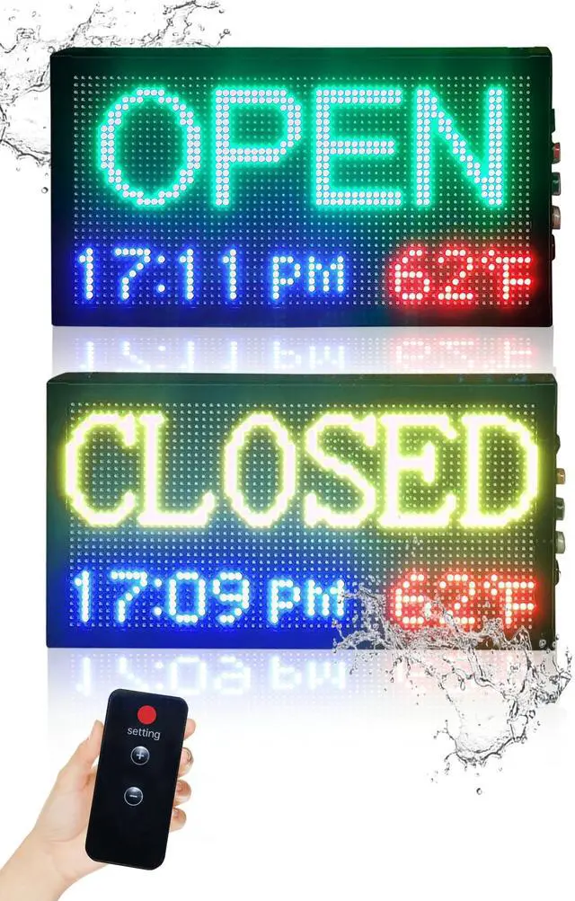 Main image of 16.5x9" LED Open/Closed Sign Waterproof | Full-Color Outdoor Digital Clock with Remote & Auto-Dimming, Calendar & Temperature, for Retail Stores