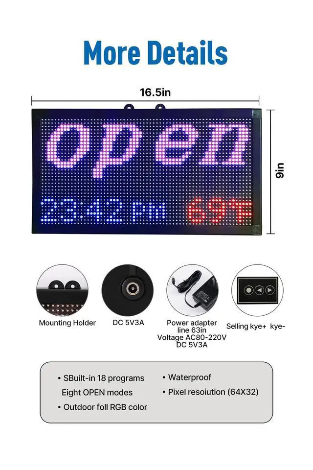 Alt view image 3 of 7 - 16.5x9" LED Open/Closed Sign Waterproof | Full-Color Outdoor Digital Clock with Remote & Auto-Dimming, Calendar & Temperature, for Retail Stores