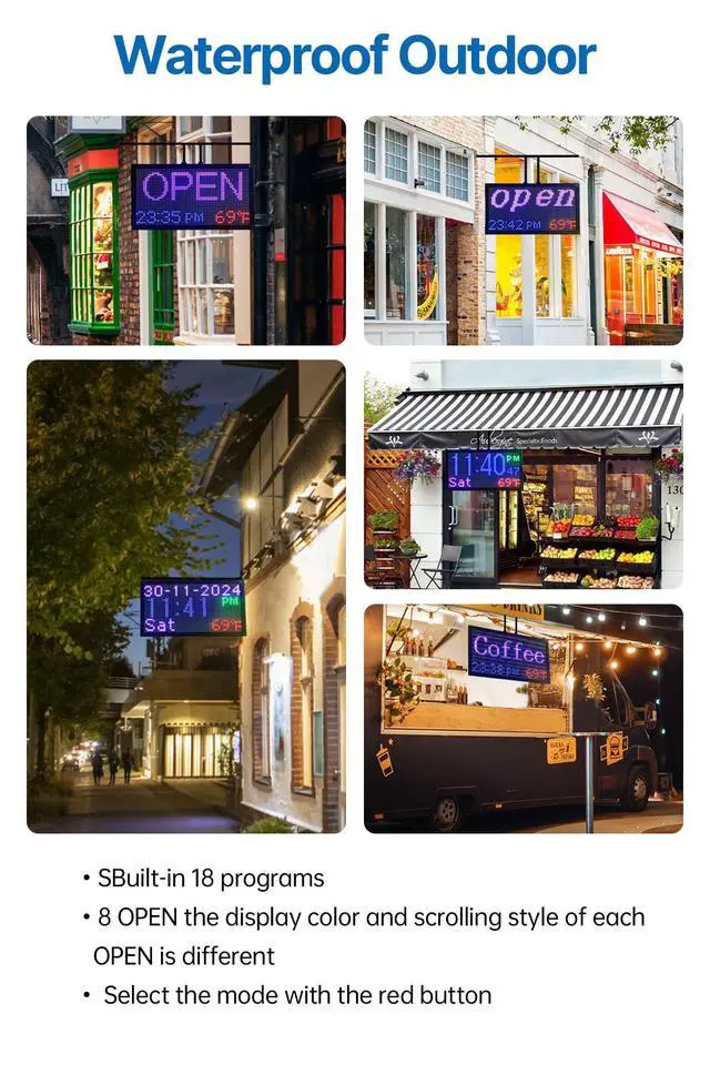 Alt view image 7 of 7 - 16.5x9" LED Open/Closed Sign Waterproof | Full-Color Outdoor Digital Clock with Remote & Auto-Dimming, Calendar & Temperature, for Retail Stores