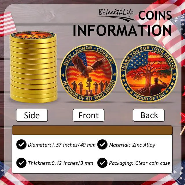 Alt view image 4 of 7 - 50 Pcs Veteran Coins for Honoring All Who Served - Bulk Thank You for Your Service Coins with US Flag Tree Design - Memorial Day Veterans Day Gifts for Veterans Military Gifts for Men