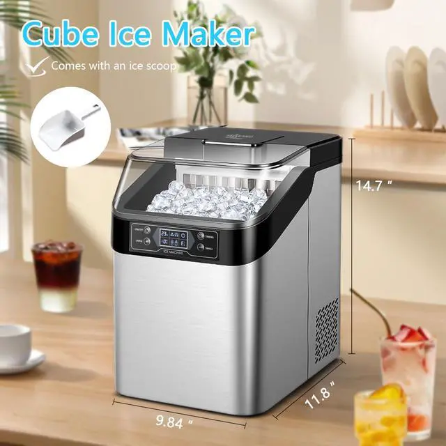 Alt view image 7 of 7 - Ice Maker Countertop, 2 Ways to Add Water, 33lbs/24Hrs, 24 Pcs Ready in 13 Mins, Auto-Cleaning Portable Ice Maker with Basket and Scoop, for Home/Kitchen/RV/Camping, Silver