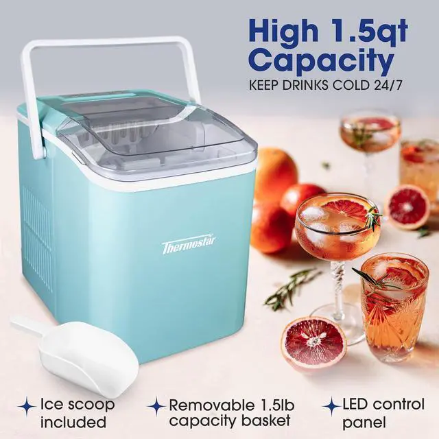 Alt view image 2 of 7 - Thermostar Automatic Self-Cleaning Portable Electric Countertop Ice Maker Machine with Handle, 26 Pounds in 24 Hours with Ice Scoop and Basket, Perfect for Water Bottles, Mixed Drinks, Parties, Aqua