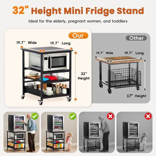 Alt view image 2 of 7 - 32 H Mini Fridge Stand, Avoid Bending Over, Fit Elderly Pregnant Women | 4-Tier Mini Fridge Shelf, Adjustable Storage Space, 19.7x19.7 Small Refrigerator Stand with Stainless Steel Wheel