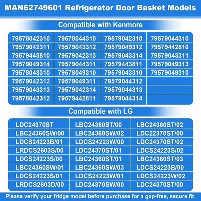 Alt view image 4 of 7 - MAN62749601 Refrigerator Door Basket Compatible with LG Kenmore | Refrigerator LDC24370ST, LDCS24223W, LDCS24223S etc and Kenmore Refrigerator Door Bin 79579043310, 79579043312, 79578042310
