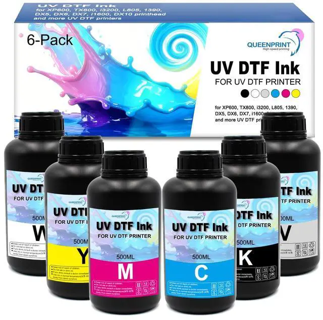 Main image of 6-Pack UV DTF Ink (BK/C/M/Y/WH+Varnish, 500ml) Compatible with XP600 TX800 i3200 L805 1390 DX5 DX6 DX7 i1600 DX10 for UV-DTF Printer A/B Film, Ideal for Sticker Transfer