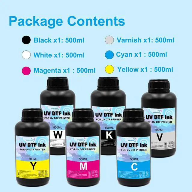 Alt view image 2 of 7 - 6-Pack UV DTF Ink (BK/C/M/Y/WH+Varnish, 500ml) Compatible with XP600 TX800 i3200 L805 1390 DX5 DX6 DX7 i1600 DX10 for UV-DTF Printer A/B Film, Ideal for Sticker Transfer