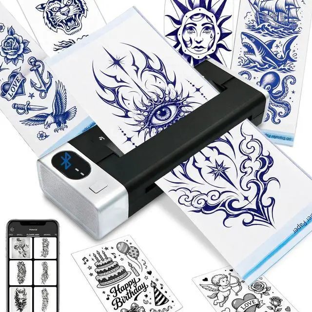 Main image of Tattoo Stencil Printer & Temporary Tattoo Maker, 4" 2-in-1 Stencils & DIY | 30 Sticker Sheets, 10 Transfer Paper, 8 Color Makers, 1500mAh 48hr Battery, 203DPI Print, iOS Android PC Mac, 1.1lb