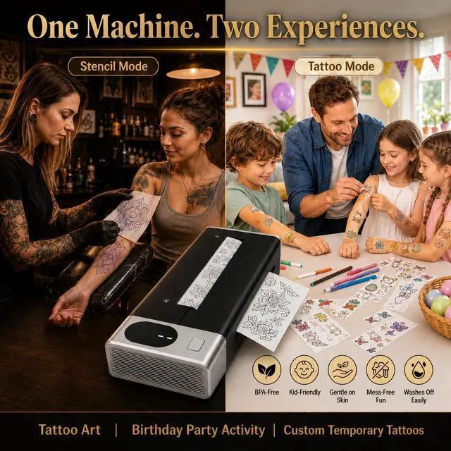 Alt view image 2 of 7 - Tattoo Stencil Printer & Temporary Tattoo Maker, 4" 2-in-1 Stencils & DIY | 30 Sticker Sheets, 10 Transfer Paper, 8 Color Makers, 1500mAh 48hr Battery, 203DPI Print, iOS Android PC Mac, 1.1lb