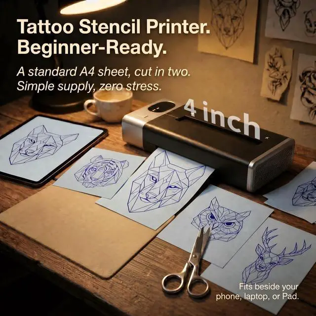 Alt view image 3 of 7 - Tattoo Stencil Printer & Temporary Tattoo Maker, 4" 2-in-1 Stencils & DIY | 30 Sticker Sheets, 10 Transfer Paper, 8 Color Makers, 1500mAh 48hr Battery, 203DPI Print, iOS Android PC Mac, 1.1lb