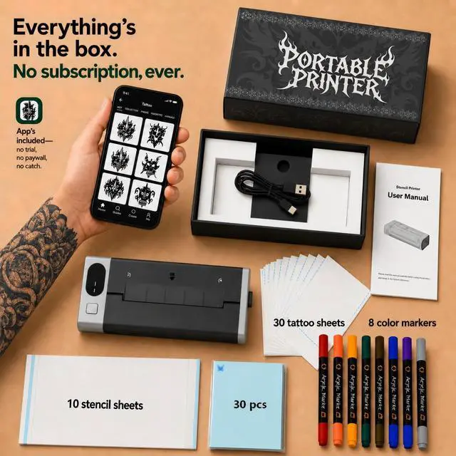 Alt view image 5 of 7 - Tattoo Stencil Printer & Temporary Tattoo Maker, 4" 2-in-1 Stencils & DIY | 30 Sticker Sheets, 10 Transfer Paper, 8 Color Makers, 1500mAh 48hr Battery, 203DPI Print, iOS Android PC Mac, 1.1lb
