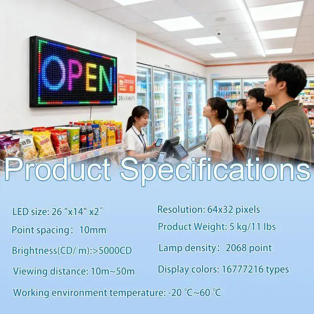 Alt view image 7 of 7 - Outdoor Programmable Scrolling Waterproof Led Sign P10(26" * 14") | Suitable for stores, supermarkets, bars, and hotels;IP65;programmable