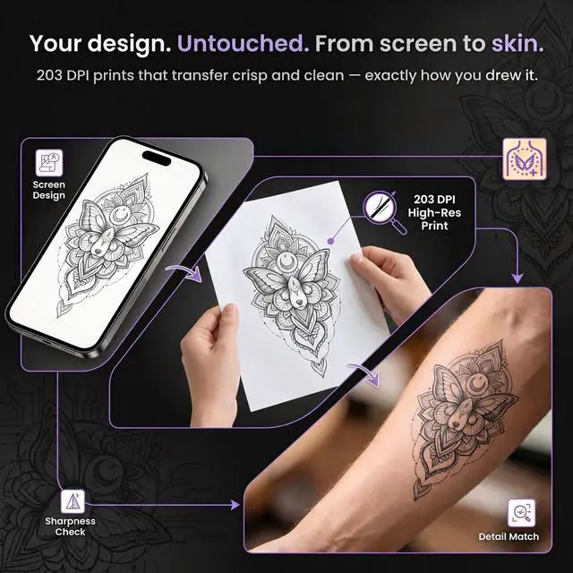 Alt view image 6 of 7 - Tattoo Stencil Printer & Temporary Tattoo Maker, 4" 2-in-1 Stencils & DIY | 30 Sticker Sheets, 10 Transfer Paper, 8 Color Makers, 1500mAh 48hr Battery, 203DPI Print, iOS Android PC Mac, 1.1lb