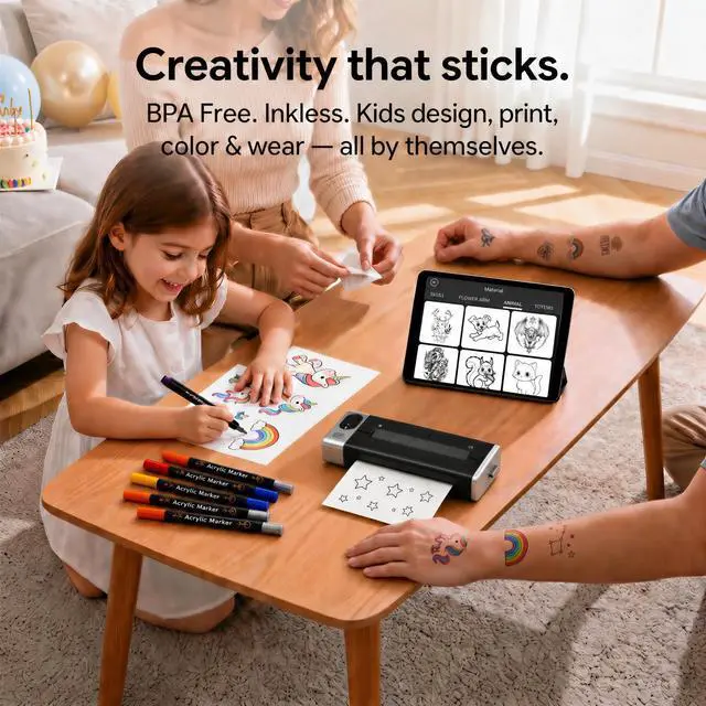 Alt view image 7 of 7 - Tattoo Stencil Printer & Temporary Tattoo Maker, 4" 2-in-1 Stencils & DIY | 30 Sticker Sheets, 10 Transfer Paper, 8 Color Makers, 1500mAh 48hr Battery, 203DPI Print, iOS Android PC Mac, 1.1lb
