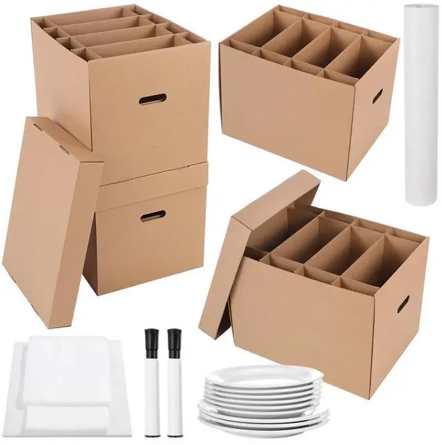 Main image of 4 Sets Dish Moving Boxes with Divider and Lid Kits 16 x 12 x 12" Dish Packing Boxes with Handle 72 Foam Pouches 100 Packing Papers 2 Markers for Kitchen Tableware Glassware