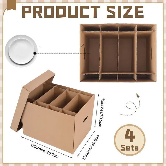 Alt view image 2 of 7 - 4 Sets Dish Moving Boxes with Divider and Lid Kits 16 x 12 x 12" Dish Packing Boxes with Handle 72 Foam Pouches 100 Packing Papers 2 Markers for Kitchen Tableware Glassware