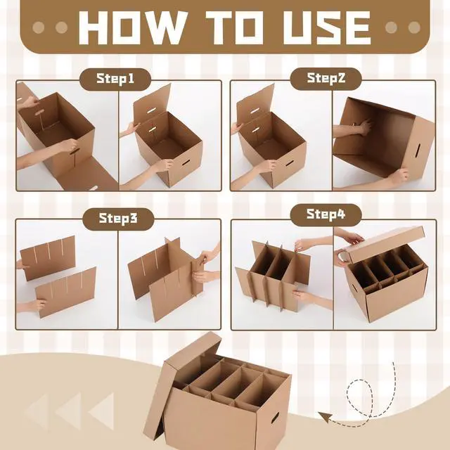 Alt view image 4 of 7 - 4 Sets Dish Moving Boxes with Divider and Lid Kits 16 x 12 x 12" Dish Packing Boxes with Handle 72 Foam Pouches 100 Packing Papers 2 Markers for Kitchen Tableware Glassware