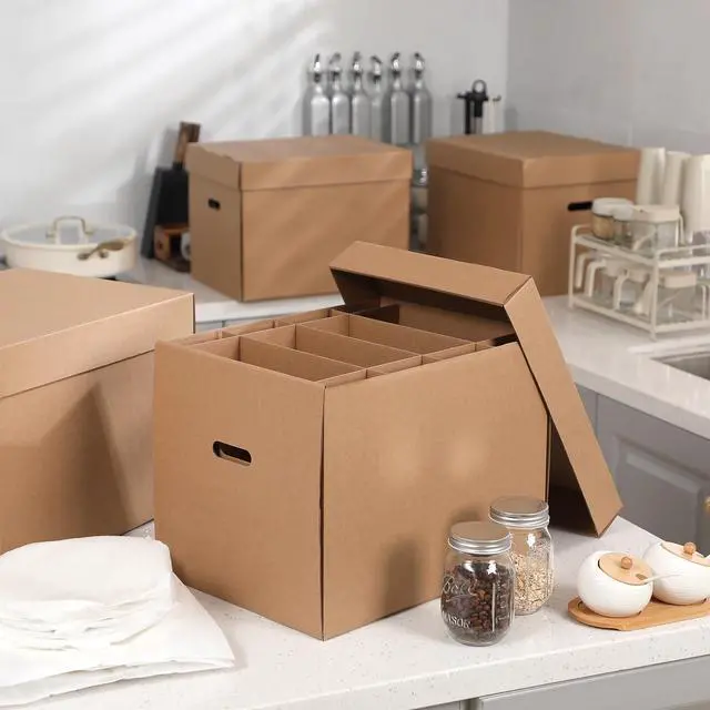 Alt view image 5 of 7 - 4 Sets Dish Moving Boxes with Divider and Lid Kits 16 x 12 x 12" Dish Packing Boxes with Handle 72 Foam Pouches 100 Packing Papers 2 Markers for Kitchen Tableware Glassware