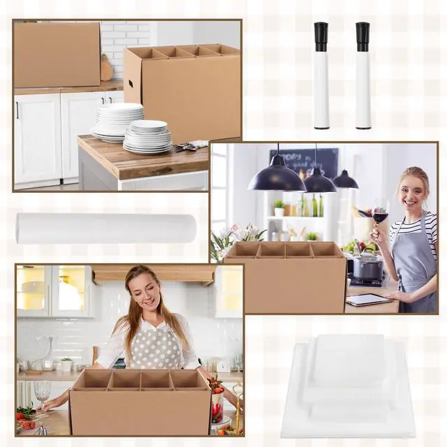 Alt view image 7 of 7 - 4 Sets Dish Moving Boxes with Divider and Lid Kits 16 x 12 x 12" Dish Packing Boxes with Handle 72 Foam Pouches 100 Packing Papers 2 Markers for Kitchen Tableware Glassware