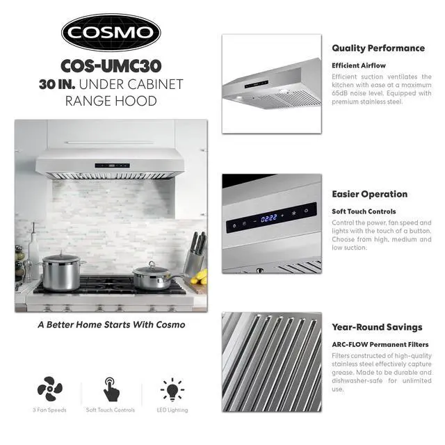 Alt view image 6 of 7 - 30 in. Haven Coll 380 CFM Ducted Under Cabinet Range Hood, LED, Stainless