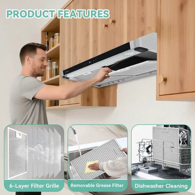 Alt view image 3 of 7 - 400CFM 30 Inch Vent Hood with LED Light | Ducted/Ductless Range Hood with Charcoal Filter| 3- Speed Touch Control | 6-Layers Steel Grease Filters