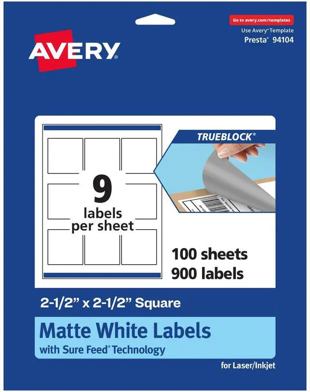 Main image of TrueBlock Matte White Square Labels, Sure Feed Technology, 2.5" x 2.5", 900 Matte White Labels, Laser/Inkjet Printable, Great for Packaging and Product Merchandising