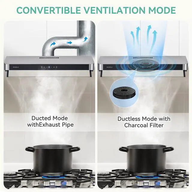 Alt view image 6 of 7 - 400CFM 30 Inch Vent Hood with LED Light | Ducted/Ductless Range Hood with Charcoal Filter| 3- Speed Touch Control | 6-Layers Steel Grease Filters