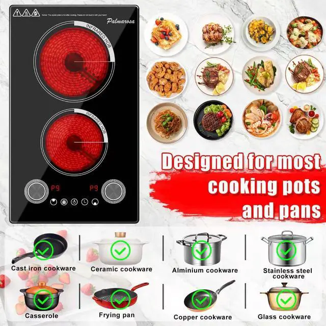 Alt view image 3 of 7 - 2 Burner Electric Cooktop,12 Inch Built-in Stove Top, 2200W,110V | Electric Cook Top, Knob Control, 9 Power Levels,Over-Temperature Protection